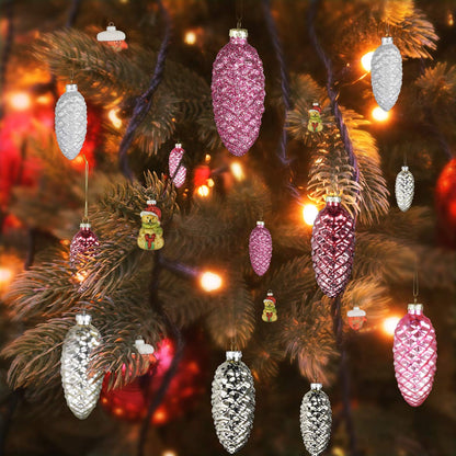 Set of 12 Pine Cone Glass Ornaments for Christmas Tree Decor, Pink Glass Pine Cone Hanging Painted Pine Cone Glass Ornaments for Christmas Tree Decor, Wedding Event Supplies