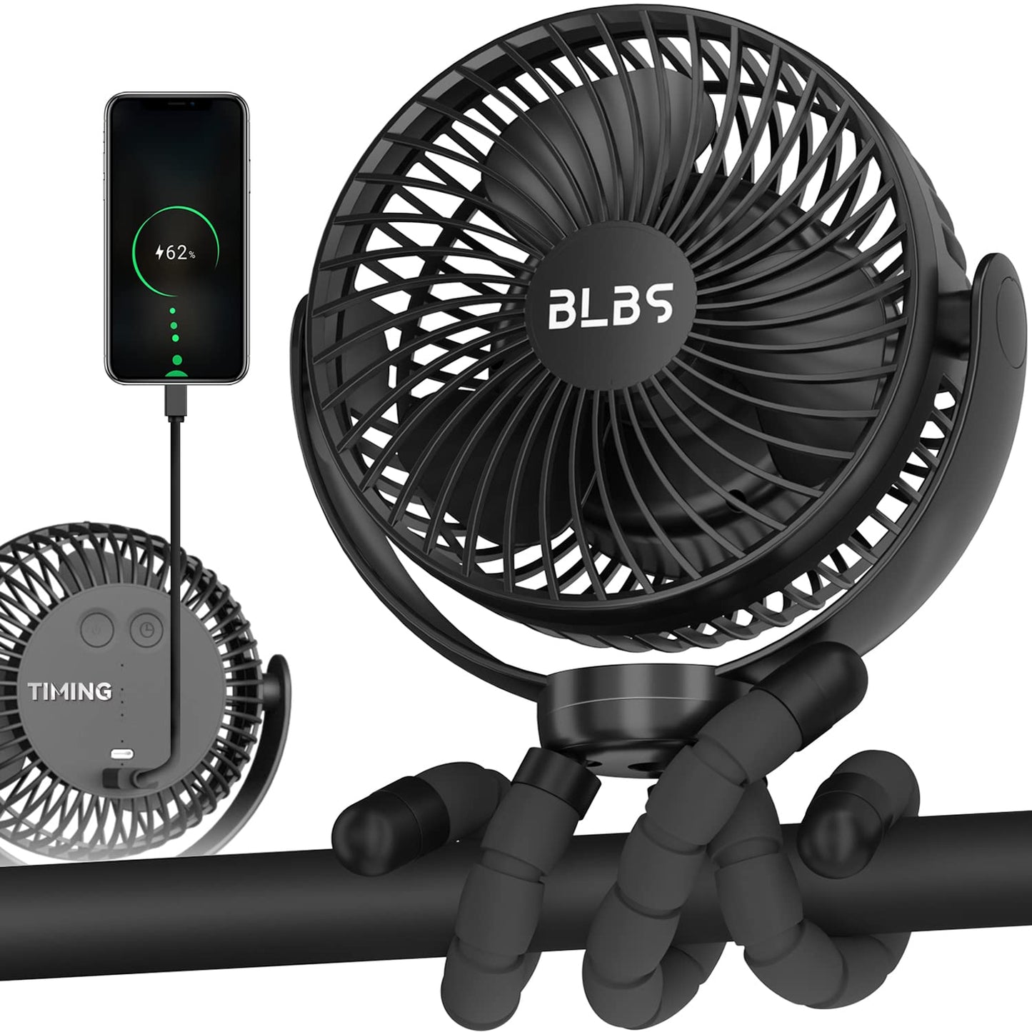 Stroller Fan - 65Hrs 12600mAh Rechargeable, Timing Car Seat, Portable Clip On Battery Operated for Baby, Peloton, Treadmill, Golf Cart, Beach, Bed, Dog