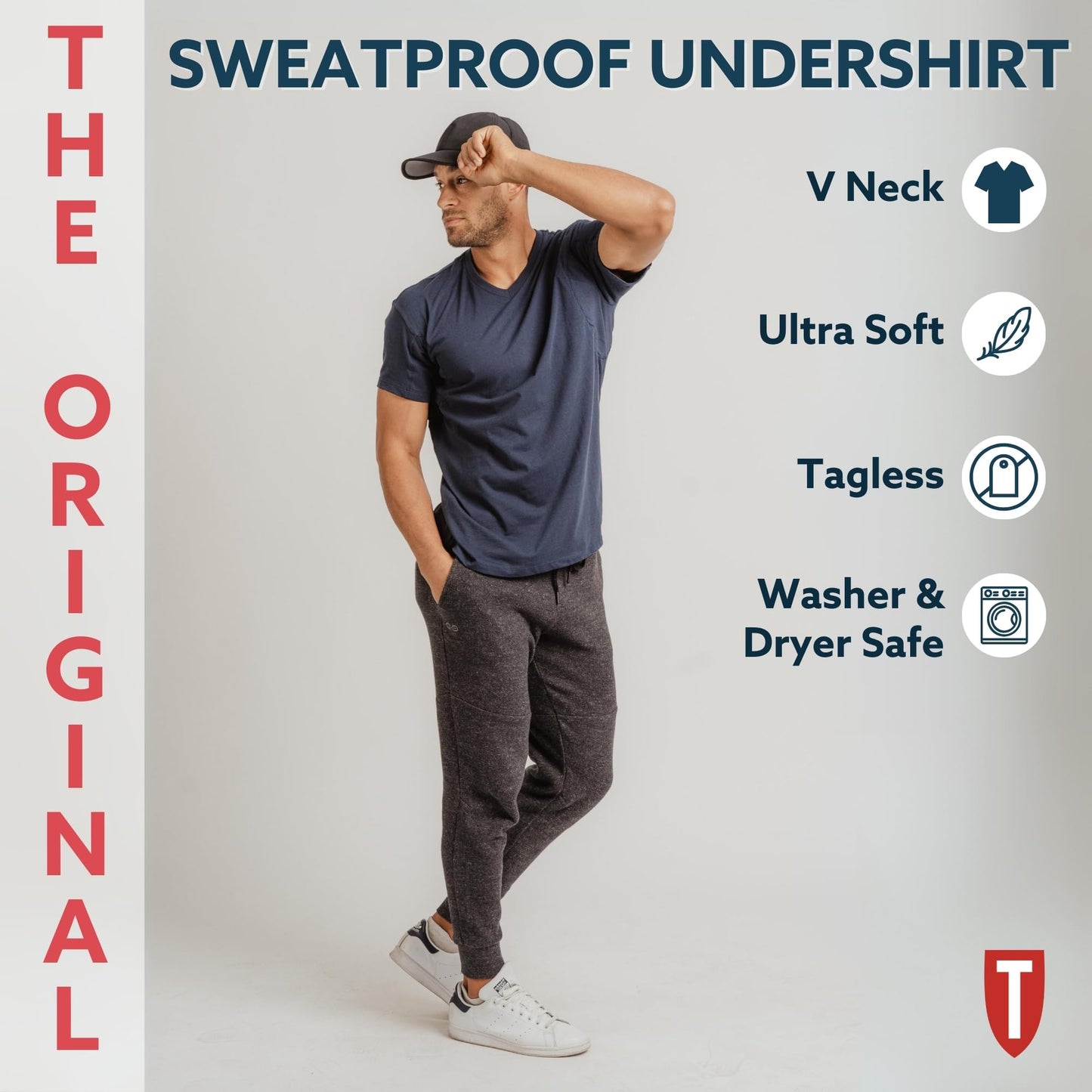 The Thompson Tee Men's Sweatproof Undershirt | Cotton V Neck | Original Fit | with Sweat Pads