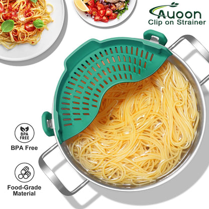 AUOON Clip On Strainer Silicone for All Pots and Pans, Pasta Strainer Clip on Food Strainer for Meat Vegetables Fruit Silicone Kitchen Colander