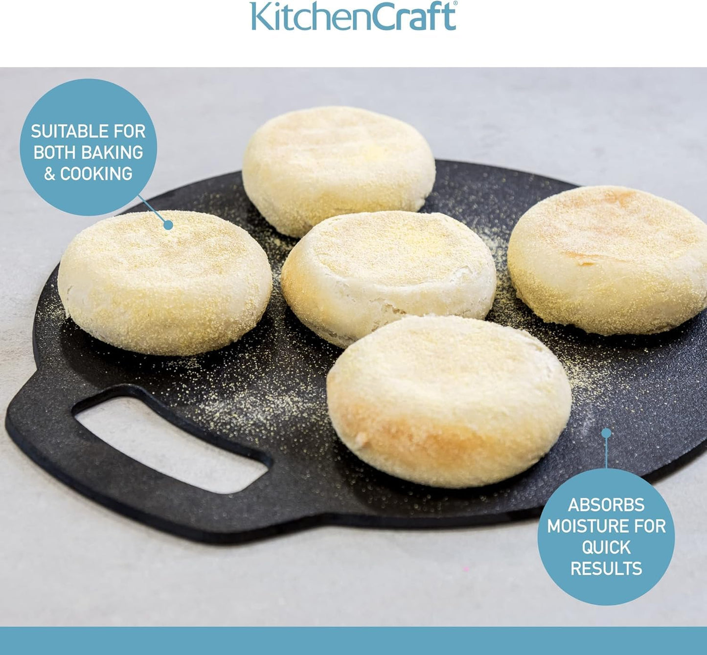 KitchenCraft Baking Stone Tray, Non Stick, for Oven or Hob, for Pizza, Bread, Pancake and other Recipes in Gift Box, Round, Cast Iron, 27 cm x 6.5 mm