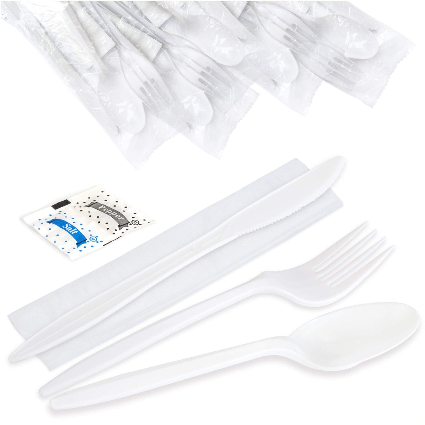 Fit Meal Prep 75 Pack Individually Wrapped Utensils - Prepackaged White Plastic Cutlery Set with Disposable Spoon, Fork, Knife, Napkin, Salt and Pepper Packets - Prewrapped to Go Silverware Utensil