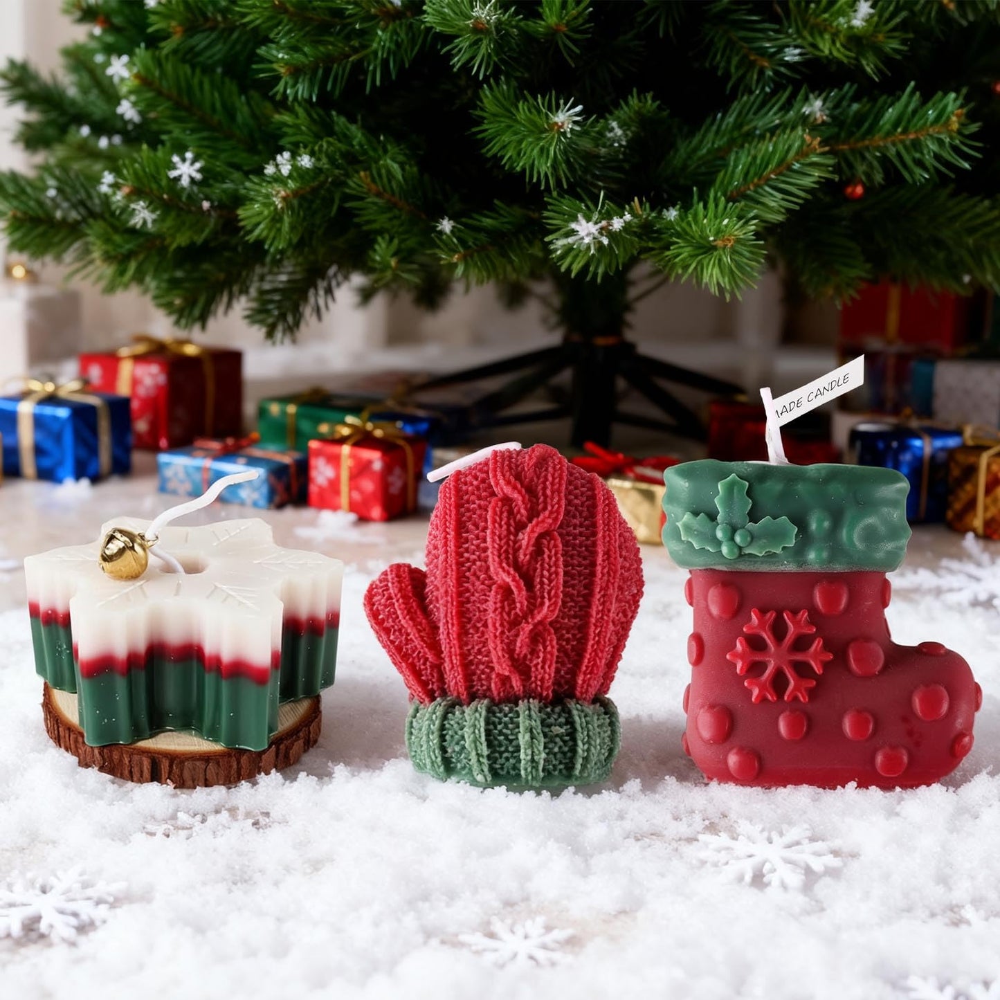 3 Pcs Christmas Snowflake Candles for Table Decorations, Premium Natural Christmas Snow Stocking Glove Shaped Taper Candles with Cotton Wick for Xmas Holiday Party Supplies