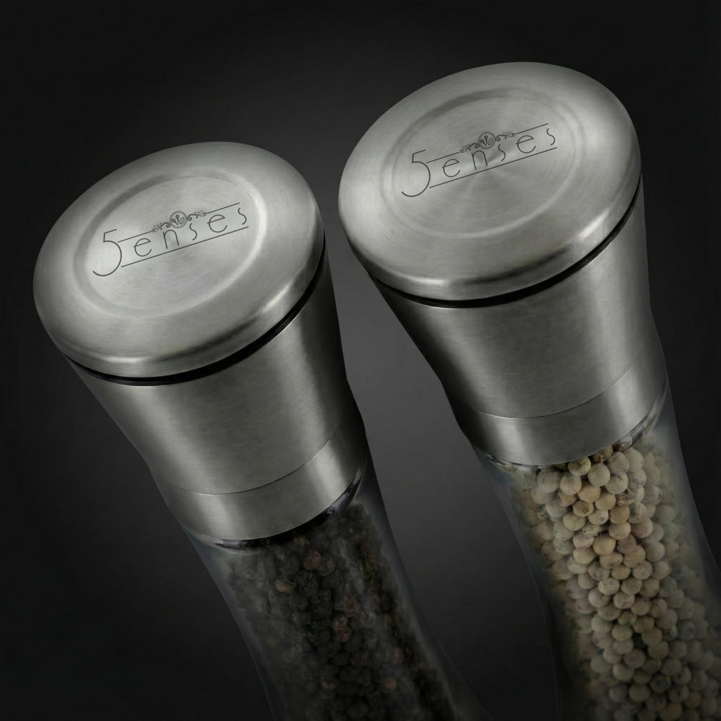 5Senses SpiceCare Salt and Pepper Grinder Set of 2 (200ml) | Stainless Steel & Glass Manual Pepper Mill | Adjustable Ceramic Coarseness | Refillable Salt Shaker for Peppercorns, Sea Salt & Spices