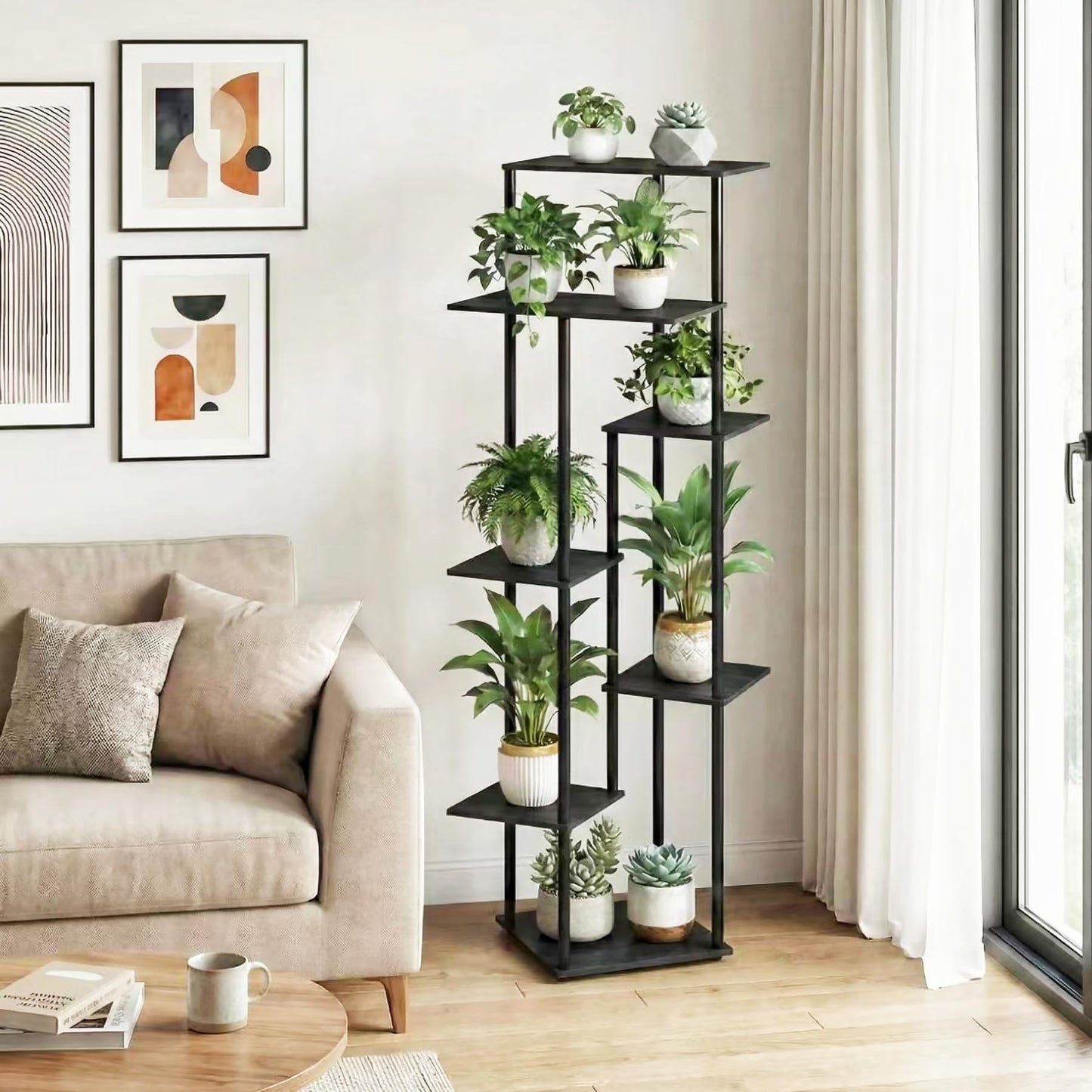 JEPRECO Tall Plant Stand Indoor 7-Tier Metal Wood Plant Shelf for Multiple Flower Pots Corner Flower Holders for Living Room Balcony Bedroom, Black