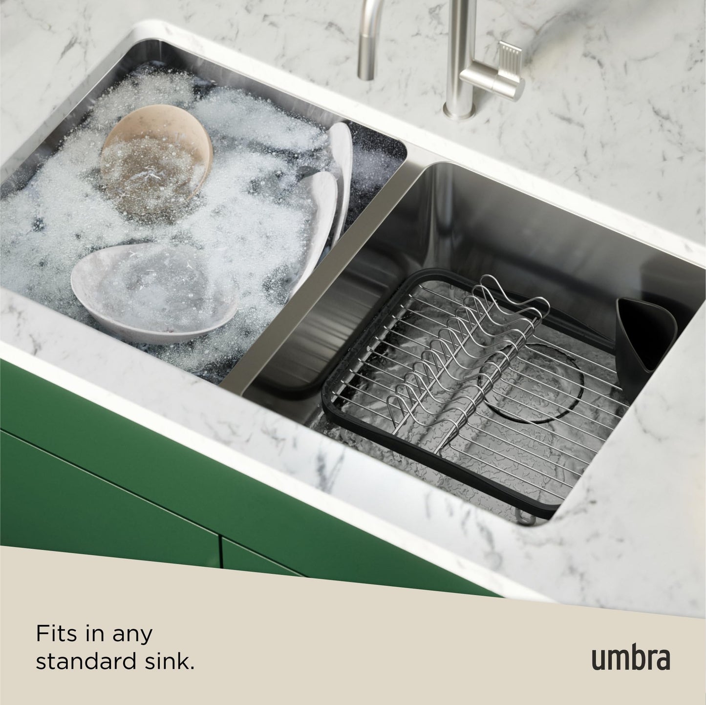 Umbra 330065-744 Sinkin Drying Rack- Dish Drainer Caddy with Removable Cutlery Holder Fits in Sink or on Counter top, Medium, Black/Nickel Kitchen, Silver