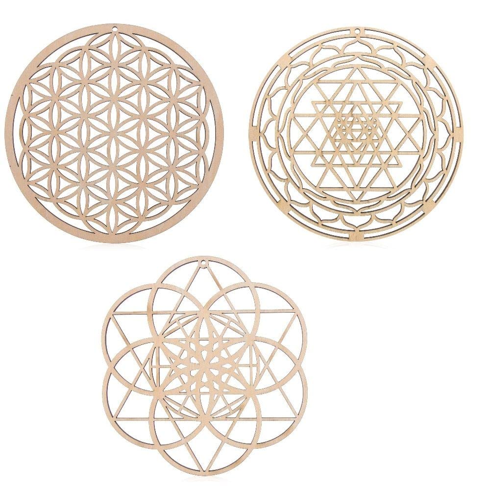 HomeSoGood 3Pcs Crystal Grid Board Sacred Geometry Wall Art Set Metatron Cube, Home Decor Handmade Coasters Craft Making Ornament