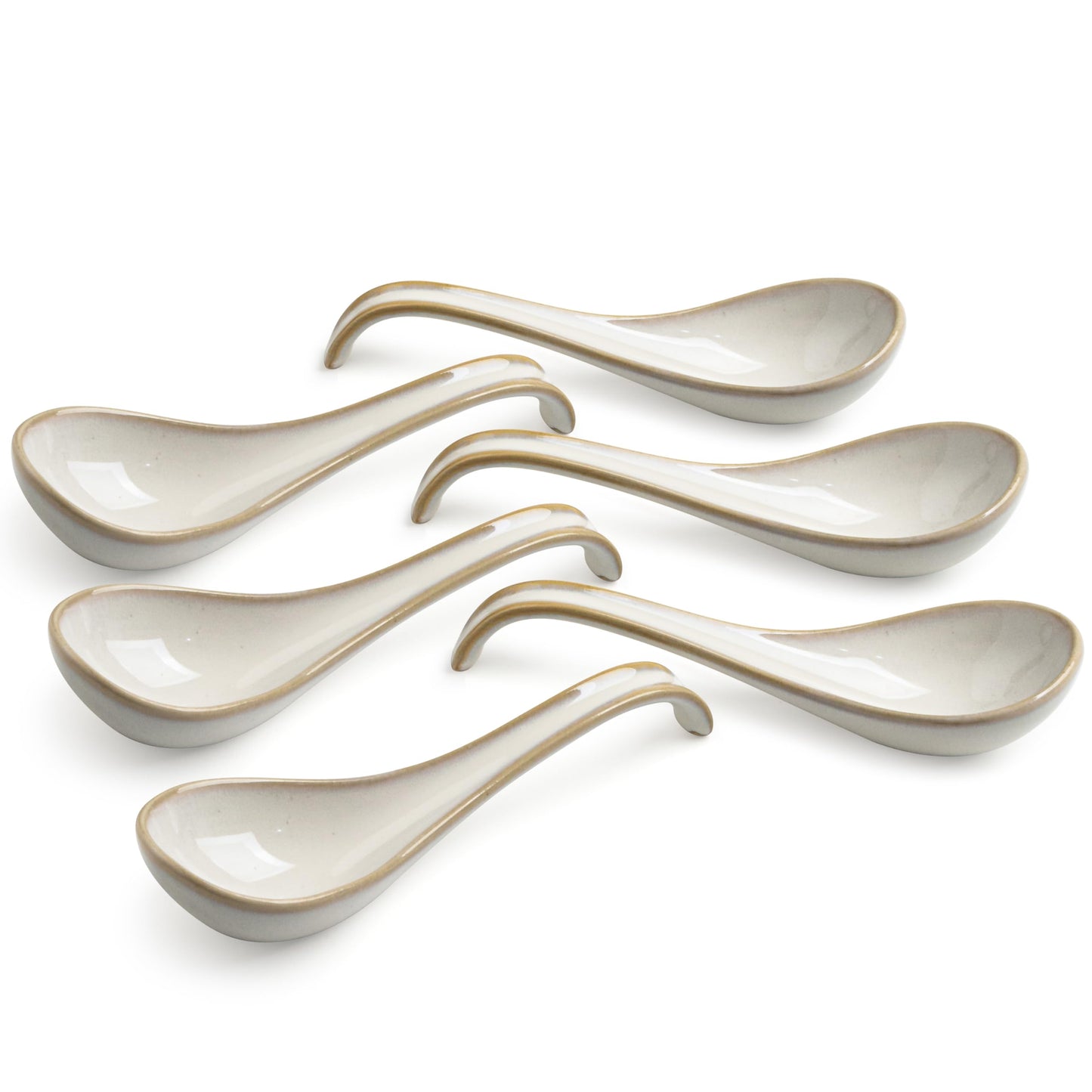 LYEOBOH Asian Soup Spoons, 6.5 inch Ceramic Soup Spoon Set of 6, Dinner Spoons with Deep Hook for Home, Kitchen, Dishwasher & Microwave Safe, Farmhouse Style, Beige