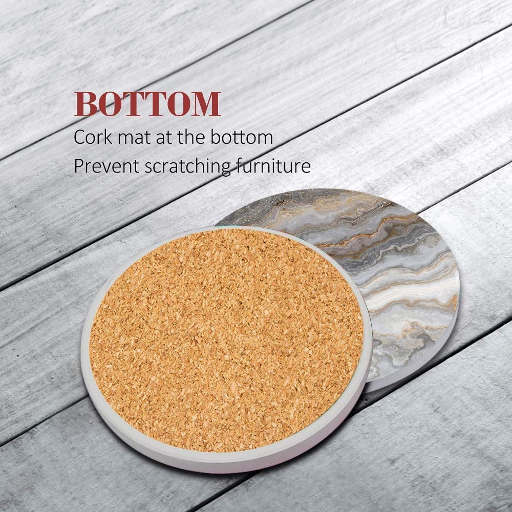Britimes Coaster for Drinks Set of 6, Grey Marble Golden Stone Agate Table Absorbent Round Ceramic Stone Mat, with Cork Base and Metal Holder, Gift for Housewarming Room Bar Decor