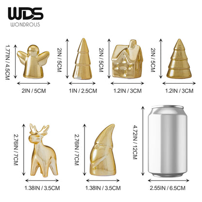WDS WONDROUS Mini Christmas Figurines Set, 6 Pcs Miniature Christmas Village Houses Set with House, Reindeer, Trees, Angel, Santa - Mini Xmas Figurines Decor for Tiered Tray, Mantel, Centerpiece