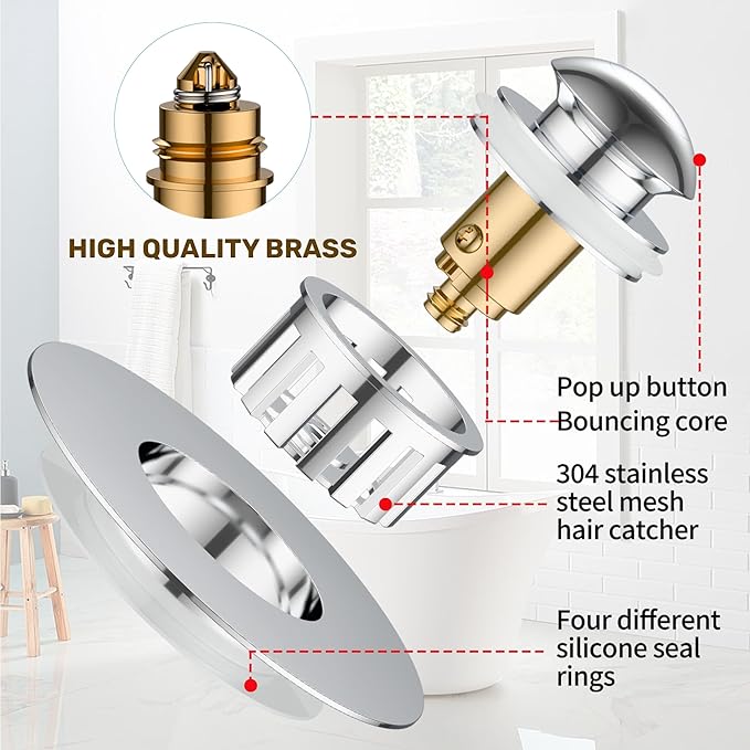 Kitchen Sink Drain Strainer 3 in 1, 304 Stainless Steel Pop Up Sink Stopper