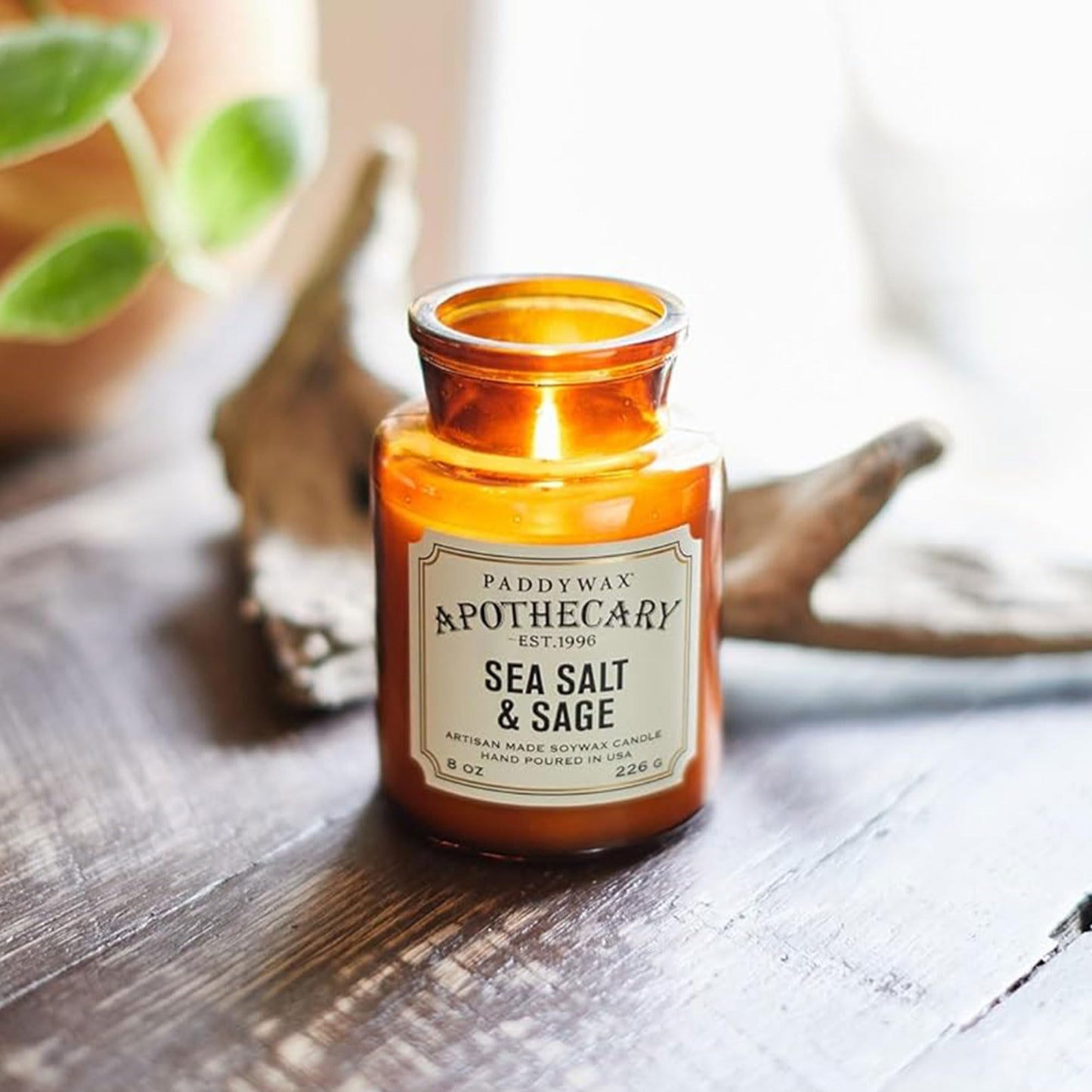 Paddywax Artisan Apothecary Scented Candle with Lid in Reusable Glass Jar, Clean-Burn Soy Candle with Approx. 54 Hour Burn Time, Sea Salt & Sage, 8 oz.