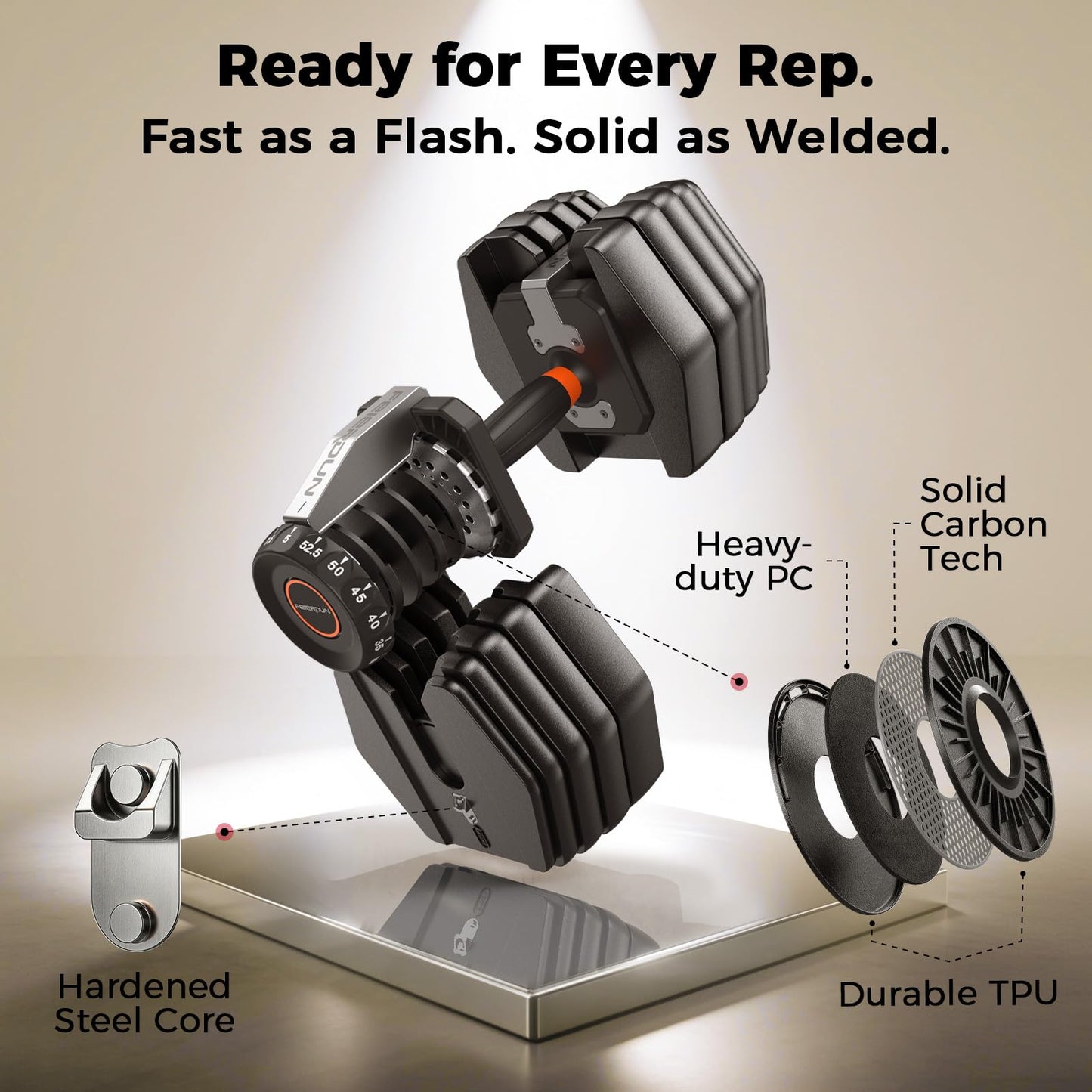 FEIERDUN DB1 QuickDial Adjustable Dumbbell Set, 15-in-1 Adjustable Weights with Storage Box & App, 105lb/52.5lb Quick Change for Drop Set, Superset & HIIT Home Gym, Non-Slip Handles, 3-year Aftersale Service