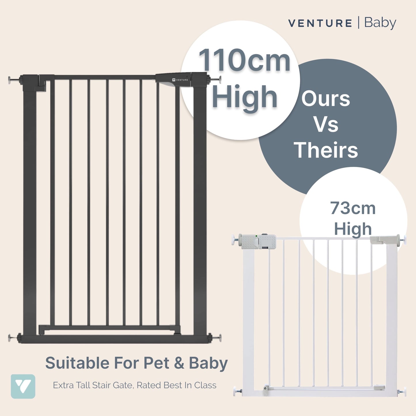 Venture Q-Fix 110cm, 73-80cm wide pressure fit baby gate extra tall safety gate for stairs. Easy Assembly Toddler and pet safety gate. 90° two way open, auto close. (BLACK, QFIX GATE 73-80)