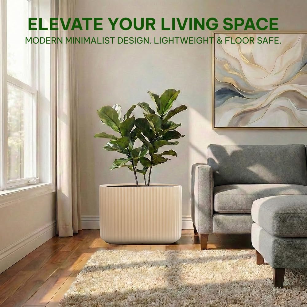 Wil & Vic 89s 15" H x 24" L Sirius Fiberglass Planter, Round Indoor and Outdoor Plant Pot with Drainage Hole, Lightweight, Durable Minimalist Home, Included Extra Coco Mats, Taupe