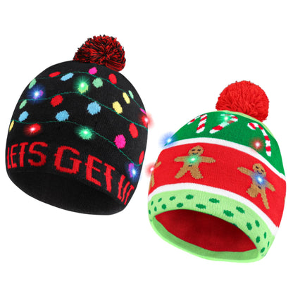 2 PCS Christmas Hat Light Up Christmas Knitted Beanie Hat, Cute Cartoon Design Xmas Knit Cap with 6 Colorful LED Lights, Family Winter Snow Hat Bulk for Xmas Holiday Party Favor, Funny Unisex Cap