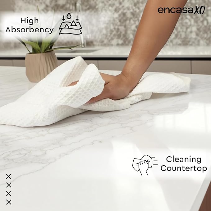 Encasa XO Kitchen Dish Towels Set | White | Waffle Weave and Flat Hand Tea