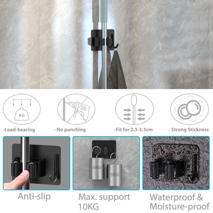homeasy Mop Broom Holder, 4 Pcs Stainless Steel Self Adhesive Mop Holder Wall Mounted with Hooks Hanger Self-Adhesive Broom Holder for Bathroom, Kitchen, Office, Closet, Garden Garage(Black)