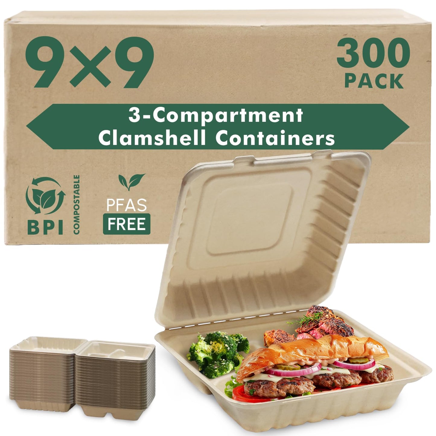 yoyomax [9x9-300Pack] 100% Compostable To Go Food Containers with Lids, 3-Compartment Take Out Clamshell Container, Bio Disposable | Eco Friendly | Heavy-Duty Boxes, Made of Sugarcane Fibers