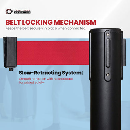 Crowd Control Warehouse Set of 2 Stanchion Retractable Belt Barriers, 11 Foot Red Belt Barrier with 40” Black Posts, Premium Crowd Control Barriers with Heavy Duty Concrete Base, CCW Series RBB-100