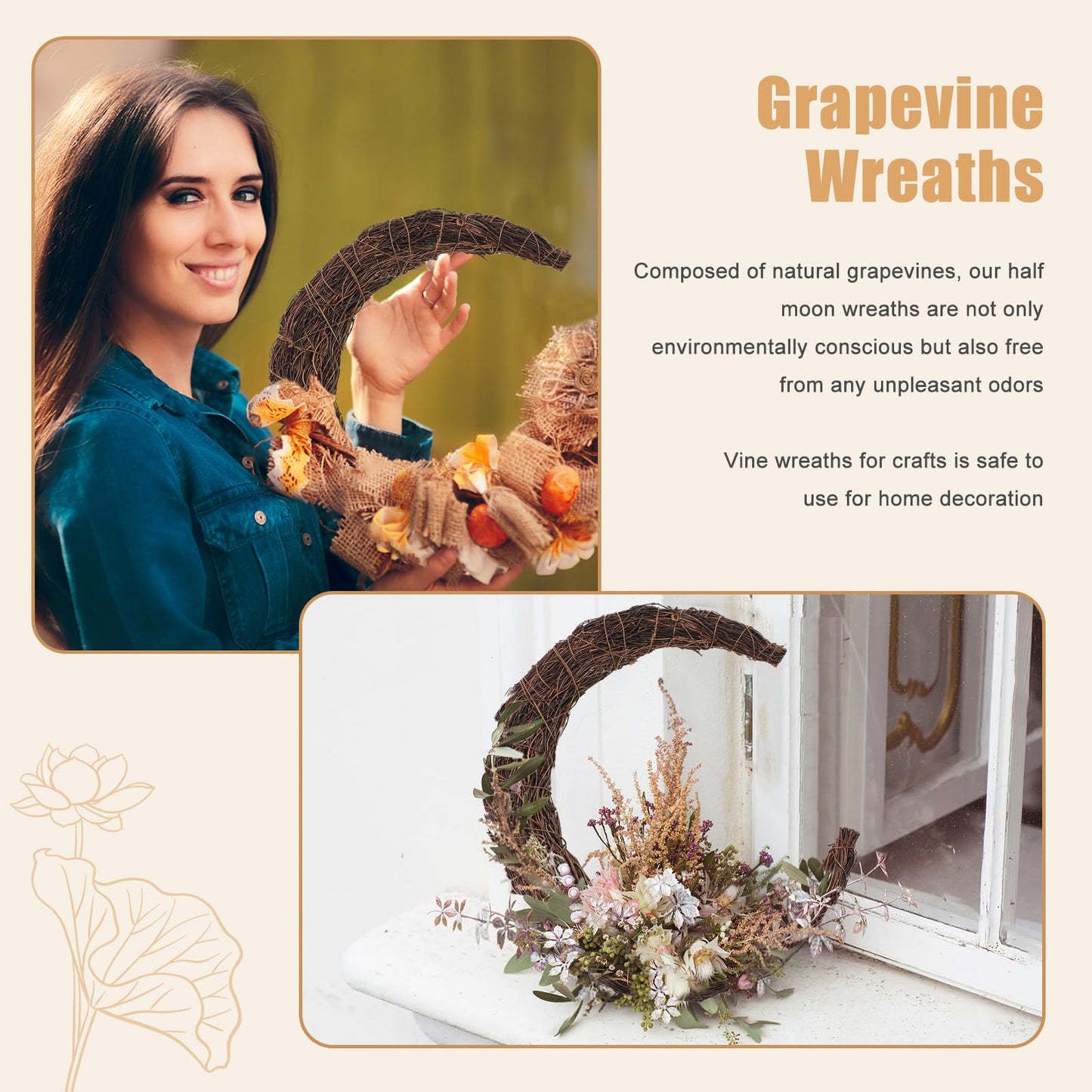 Temfmy Moon Wreath - 14 Inch Crescent Moon Natural Grapevine Wreaths Base - DIY Half Moon Shaped Wreath Making Supplies for Decor - 3 Pack
