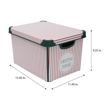 Simplify Christmas Stripe Design Holiday Tote Bin Ornament Storage | Holds 60 Ornaments | Removeable Lid | Easy Carry Handles | Christmas Storage | Green