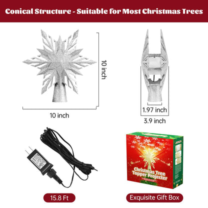 Christmas Star Tree Topper Lighted with Led Snowflake Projection, Christmas Tree Topper Star with Built-in LED Rotating 3D Projector Lights, Christmas Decoration for Family Office Indoor (Silver)