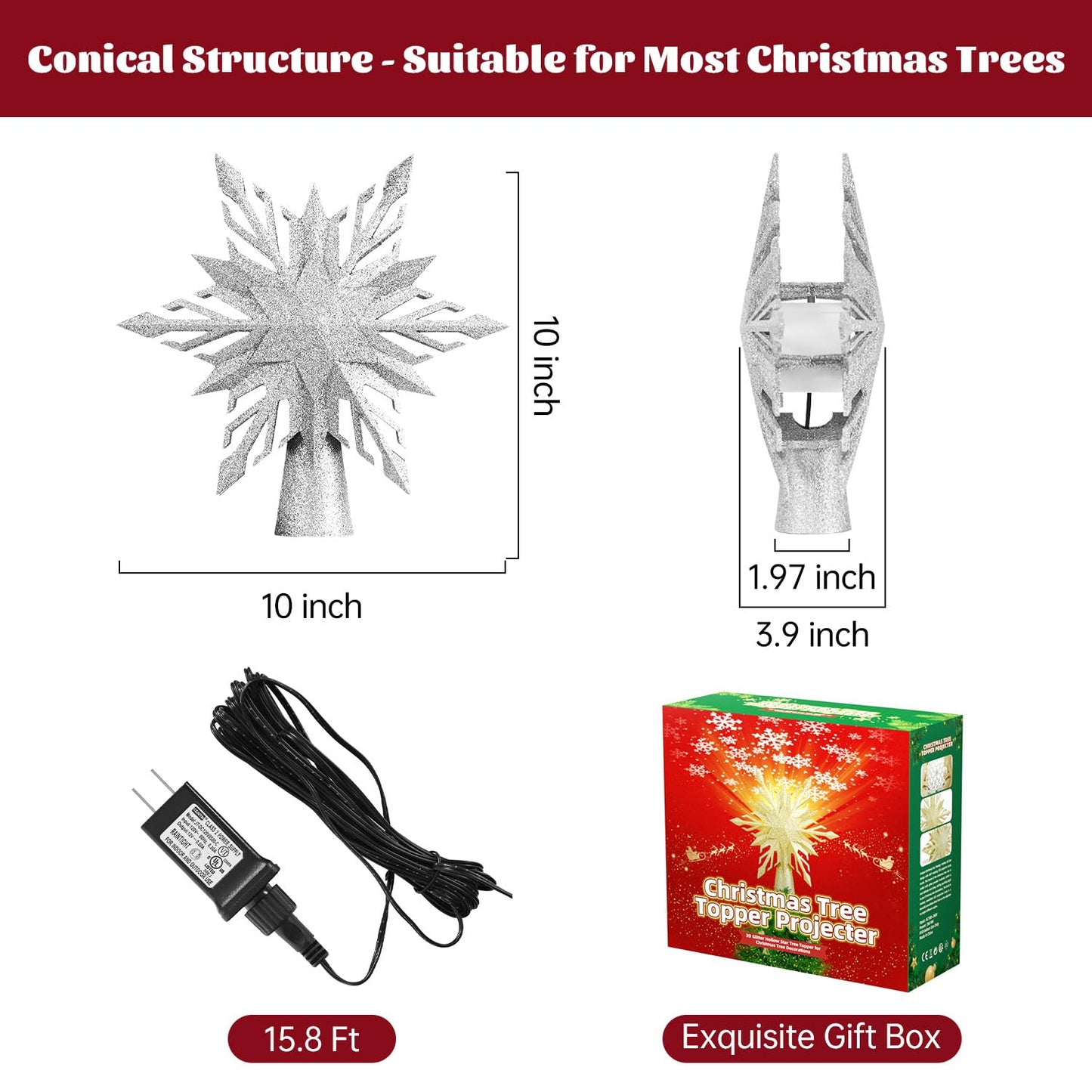 Christmas Star Tree Topper Lighted with Led Snowflake Projection, Christmas Tree Topper Star with Built-in LED Rotating 3D Projector Lights, Christmas Decoration for Family Office Indoor (Silver)