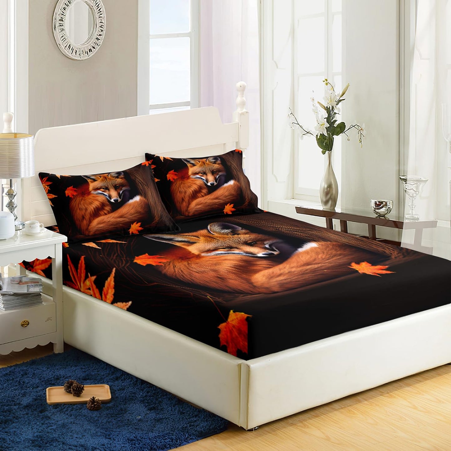 AILONEN Fox Fitted Sheet Set Twin XL Size, Autumn Maple Leaves Orange Animal Bed Sheet Set,Cartoon Fox Sheets Set for Kids Boys Girls,3 Pieces, 1 Fitted Sheet and 2 Pillowcases