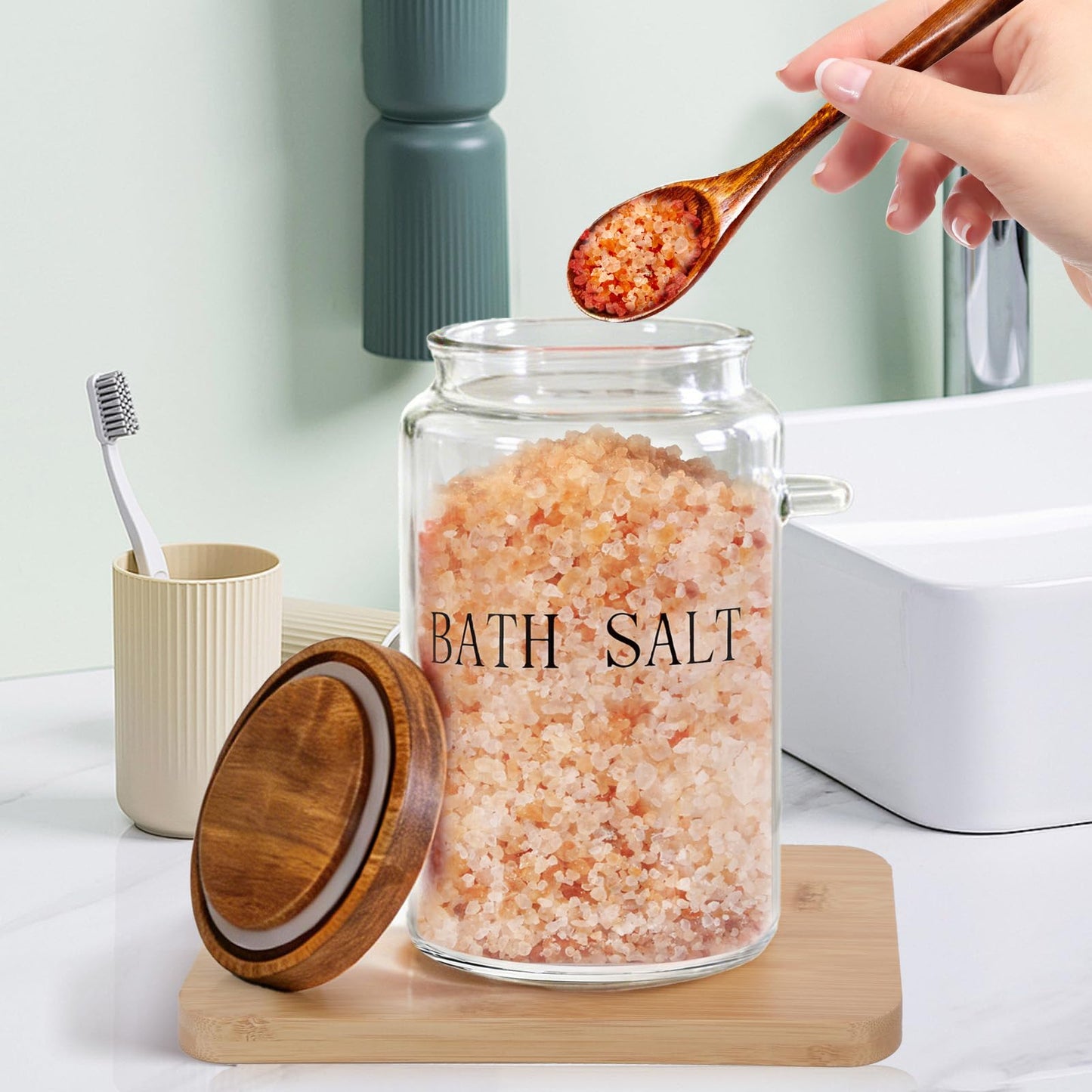 BKYFPQ 74 oz Glass Bath Salts Jar,Bath Salt Container with Wooden Lid and Scoop for Bathroom Organizers and Storage,Home Decor,Bathtub Accessories for Women