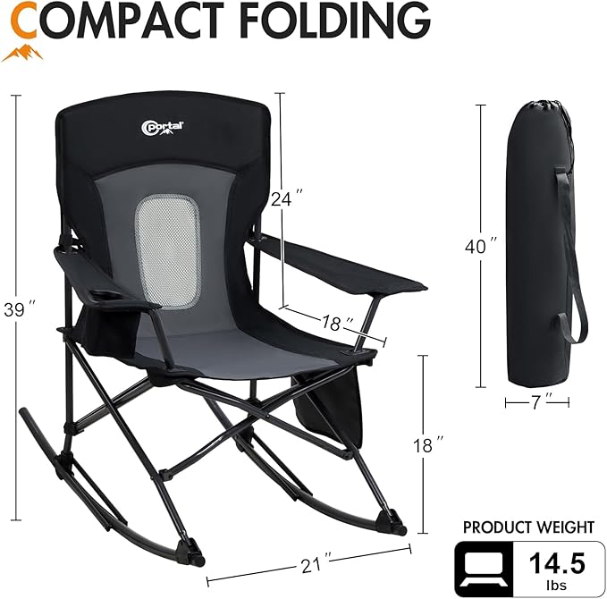 Portal Outdoor Rocking Chair Camping Folding Portable Rocker with Cup Holder Side Pocket Carry Bag, Support 350LBS (Mesh Black)