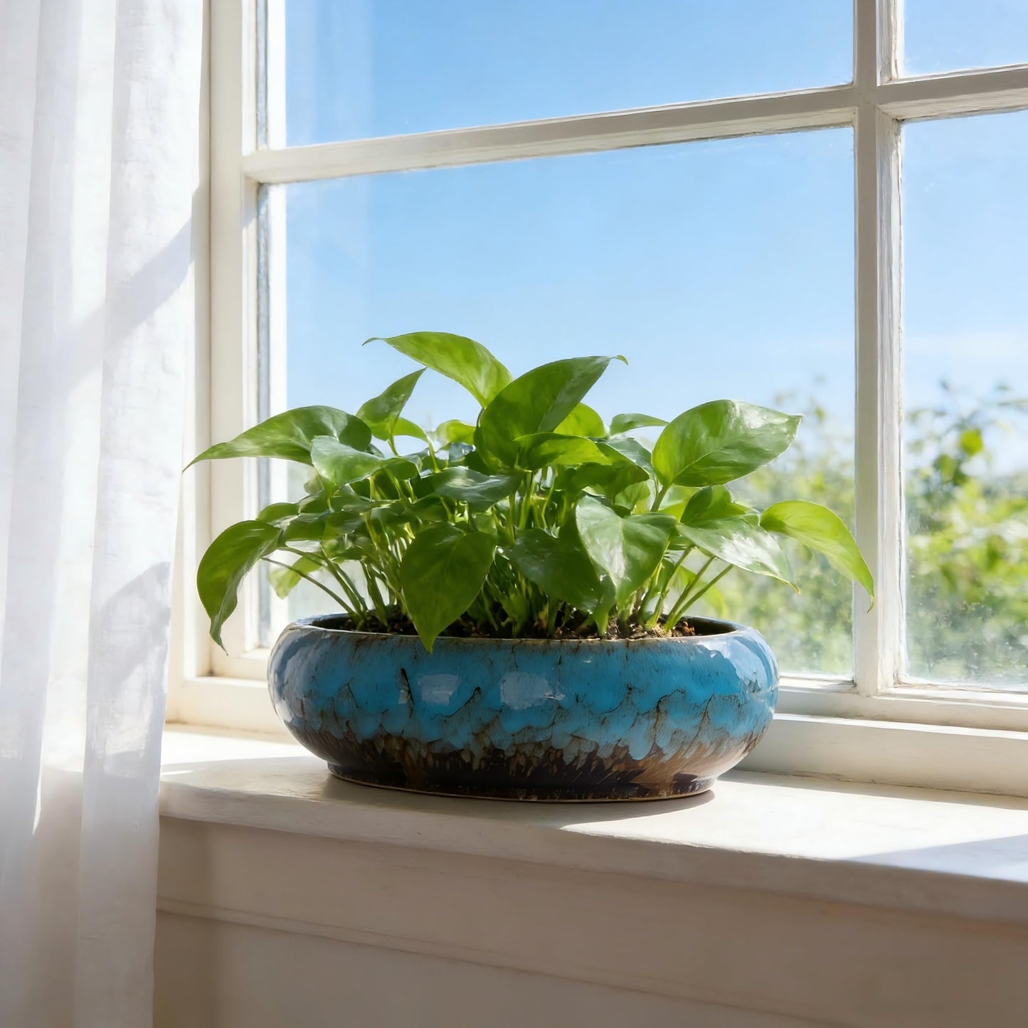 Succulent Pots, 10 Inch, Shallow Planter with Drainage for Succulent Planters, Bonsai Pots & Cactus Pots, Plant Pots, Ceramic Planters for Indoor Plants - Perfect for Home Offie Garden Decor, Blue