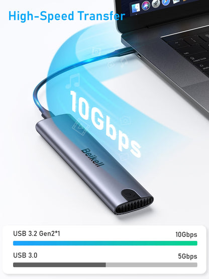 Beikell M.2 NVMe Enclosure, Tool-Free 10Gbps M2 SSD Enclosure USB 3.2 Gen 2 * 1 NVMe to USB Adapter for 2230/2242/2260/2280 M.2 SATA SSD of M-Key or M+B Key with USB C to C and USB A to C Cables