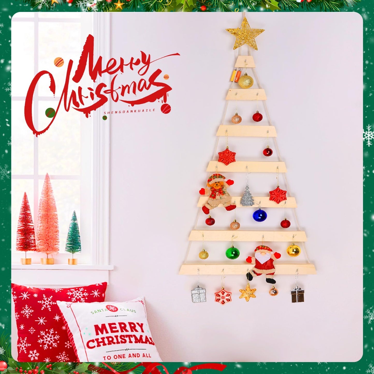 VAIPI 40 in Wall Hanging Christmas Tree with Lighted Christmas Wall Decor Wooden Flat Hanging Xmas Tree for Holiday 40'' x 20''