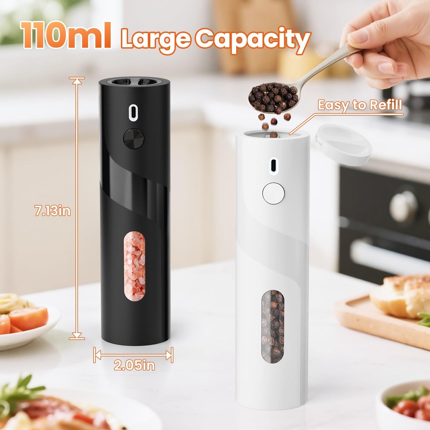 SmartTrends 110ml Electric Salt and Pepper Grinder Set, 2-Pack Auto Salt and Pepper Shakers with Large Capacity, Rechargeable, Adjustable Coarseness for Kitchen, Outdoor Dining (Black & White)
