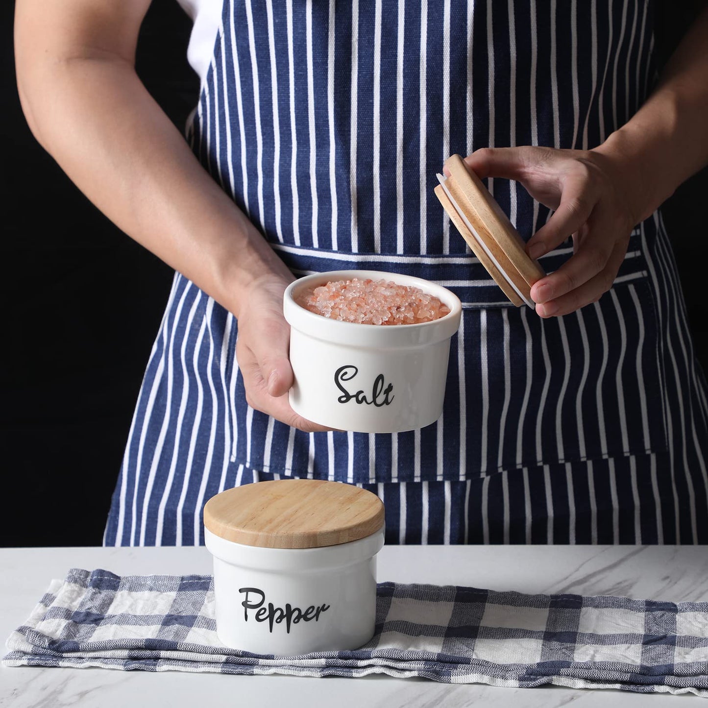 HAOTOP Salt and Pepper Bowls with wooden Lid, 12.5 oz Ceramic Salt and Pepper Saver Container for Countertop, Farmhouse Kitchen Decor