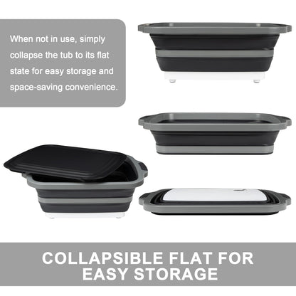 Tiawudi Large Collapsible BBQ Prep Tub with Lid(4.22 Gal/16L), Foldable Camping Sink with Colander, Cutting Board, Dish Basin for Kitchen, Bowl, Vegetable and Fruit, Storage Basket for Picnic