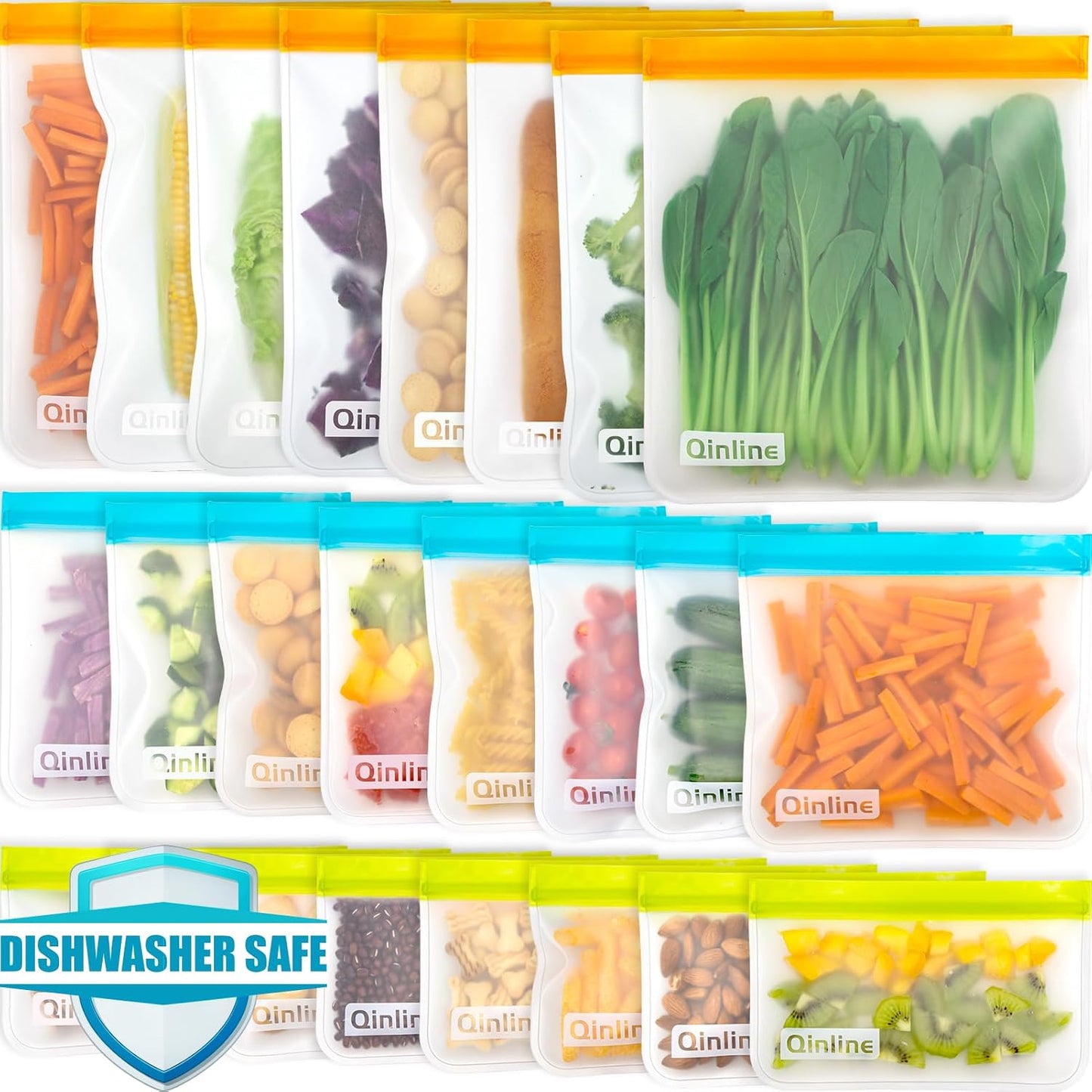 Reusable Food Storage Bags - 24 Pack Freezer Bag, Reusable Bags Silicone, Extra Thick Leakproof Lunch Bag
