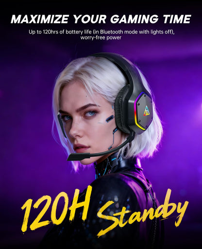 EKSA 2.4GHz Wireless Gaming Headset for PS5,PS4,PC,Switch,Mobile,Mac, Bluetooth Gaming Headphones with ENC Microphone, RGB, 20ms Latency, 120H Battery, 7.1 Surround Sound Headset, 3.5mm Audio Cable