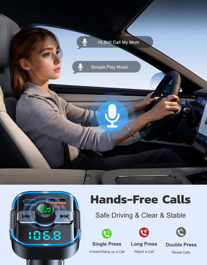 Glangeh 2025 Newest Bluetooth 5.3 Car Adapter【PD 36W+QC3.0 18W】, 2-in-1 Bluetooth FM Transmitter 【Dual Stronger Mics】& Fast Car Charger, Wireless Car Radio Input Adapter Hands-Free Kit, Siri Assistant