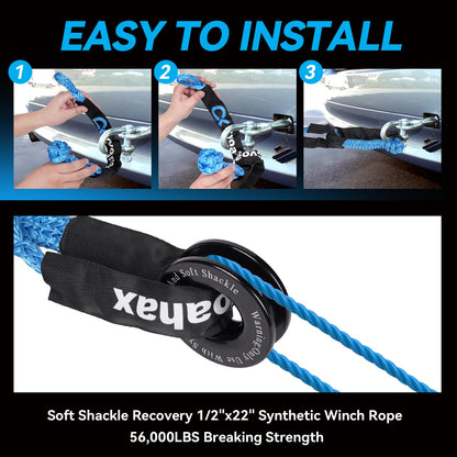 Soft Shackle & Recovery Ring Kit, 2PCS Blue Soft Shackle Recovery (56,000lbs Max Breaking Strength) 1/2'' x 22'' with Black Snatch Recovery Ring for ATV UTV SUV Truck Off-Road Vehicle Recovery
