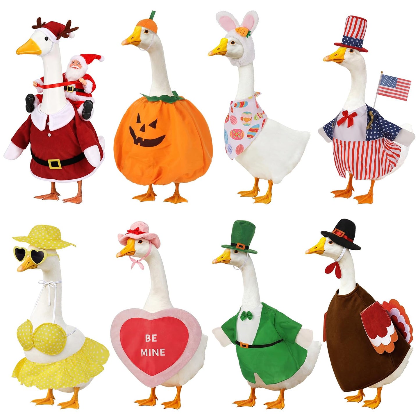 Cidomax 8 Set Holiday Porch Goose Outfits for 23 in Statue, All Seasons Bundle for Valentine St. Patrick Easter Summer Halloween Christmas, Lawn Goose Outfits for Patio Yard Decor