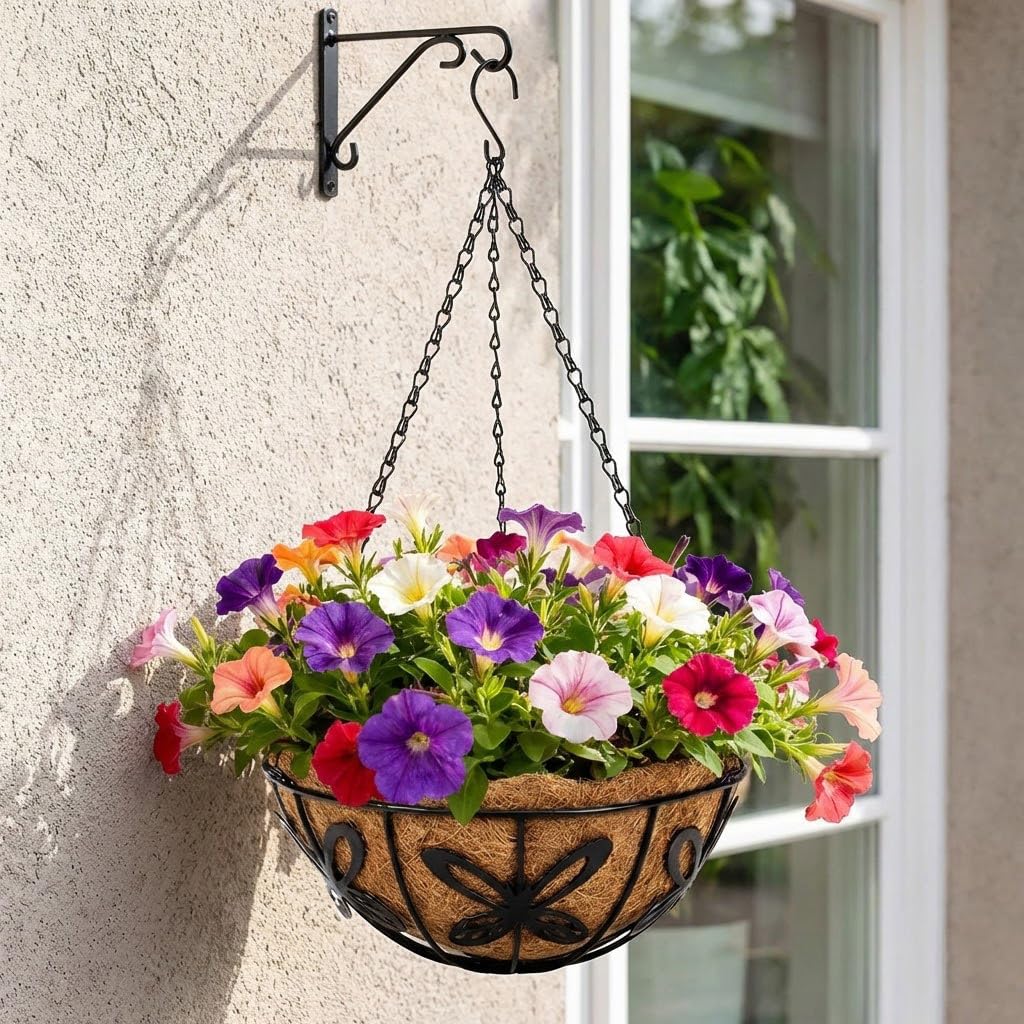 HZXXJCO 3 Pack Hanging Baskets for Plants Outdoor 14 Inch Butterfly Metal Hanging Planters with Coco Coir Liner, Round Hanging Flower Basket for Home Garden Patio Balcony Porch