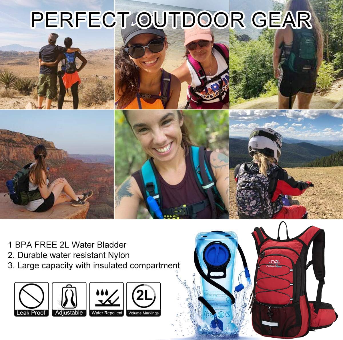 15L Insulated Hydration Backpack Pack with 2L Water Bladder Lightweight Hiking Backpack Bag for Women Men Daypack for Hiking Running Festival Camping Biking (Red)