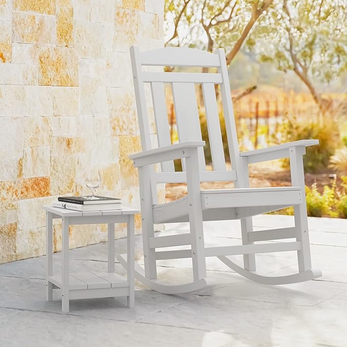 LUE BONA Outdoor Rocking Chairs Set of 2, Weather Resistant HDPS Poly Rocker Chairs, 350lb Heavy Duty, Oversized Porch Rocker for Adult, High Back Smooth Rocking Chair for Outdoor & Indoor, White