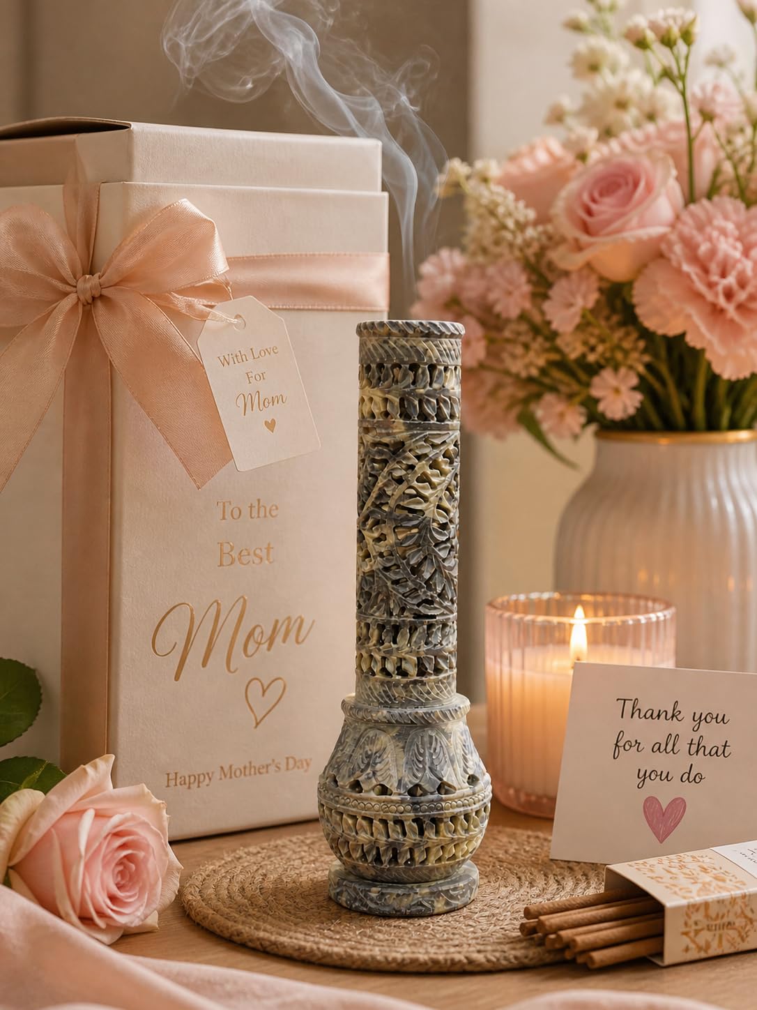 Father’s Day Handmade Soapstone Incense Stick Tower Holder, Marble Incense Burner Tower, Decorative Aromatherapy Fragrance Holder for Home Office Meditation Room Decor