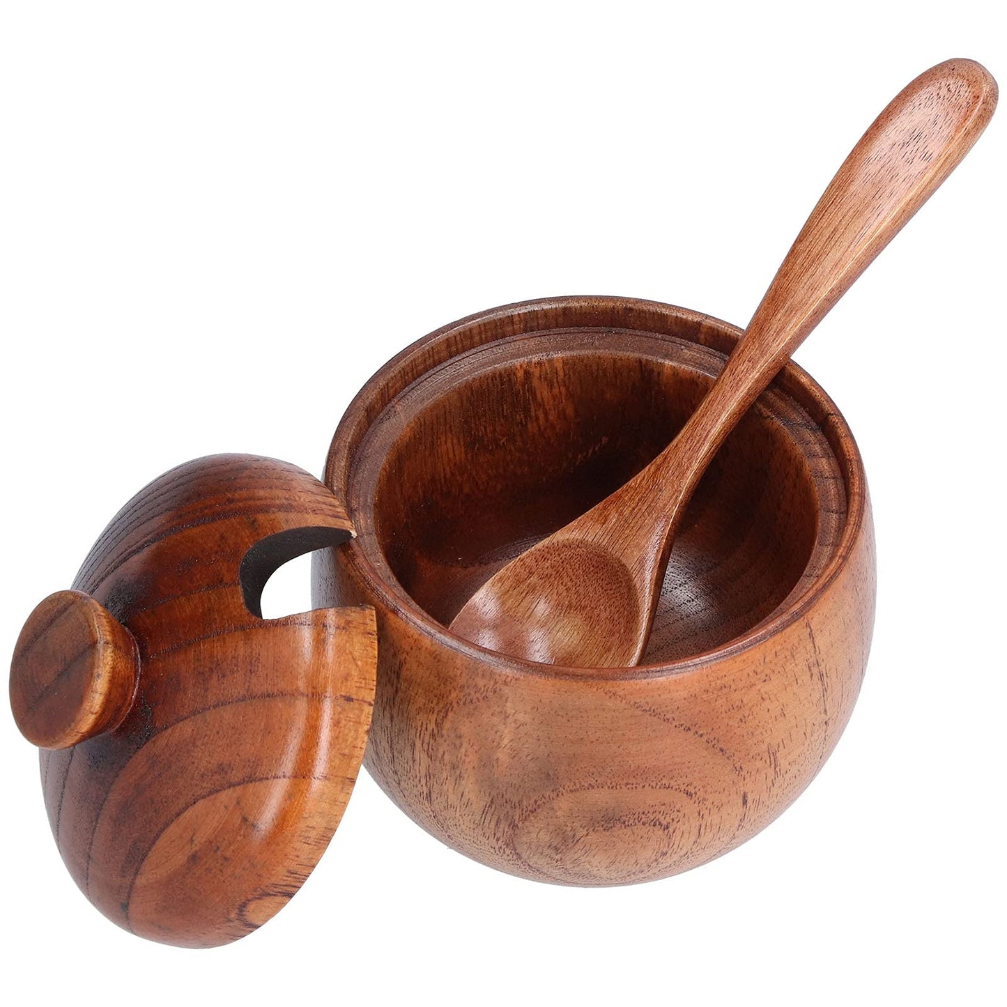 Tomotato Wood Spice Jar, Rustic Wooden Sugar Bowl with Lid and Spoon, Salt Cellar Pepper Condiment Pot Seasoning Jar Container Box for Home Kitchen Restaurant