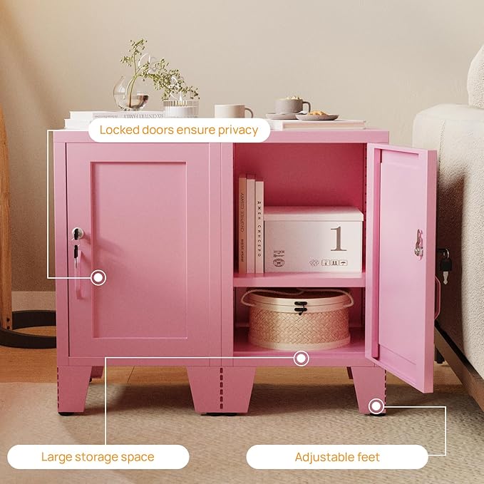 ALBAD Metal Nightstand with Lockable Cabinet, Compact Mini Locker Bedside Table