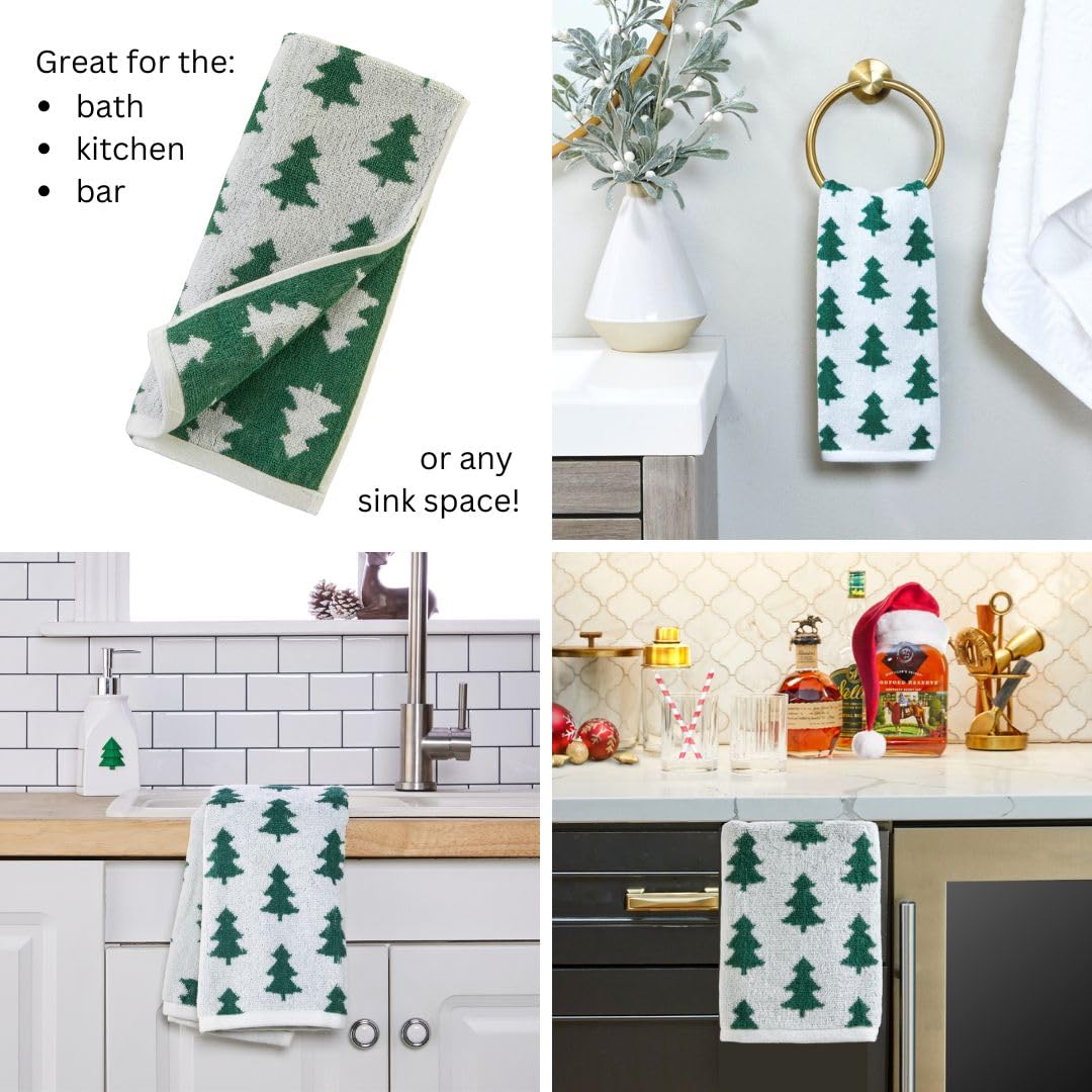 SKL Home Christmas/Winter Holiday Trees 100% Cotton Premium 2-Piece Hand Towel Set, 500 GSM, Reversible Jacquard, Soft & Absorbent, Decorative for Bath/Kitchen/Bar & Gift, Green/White
