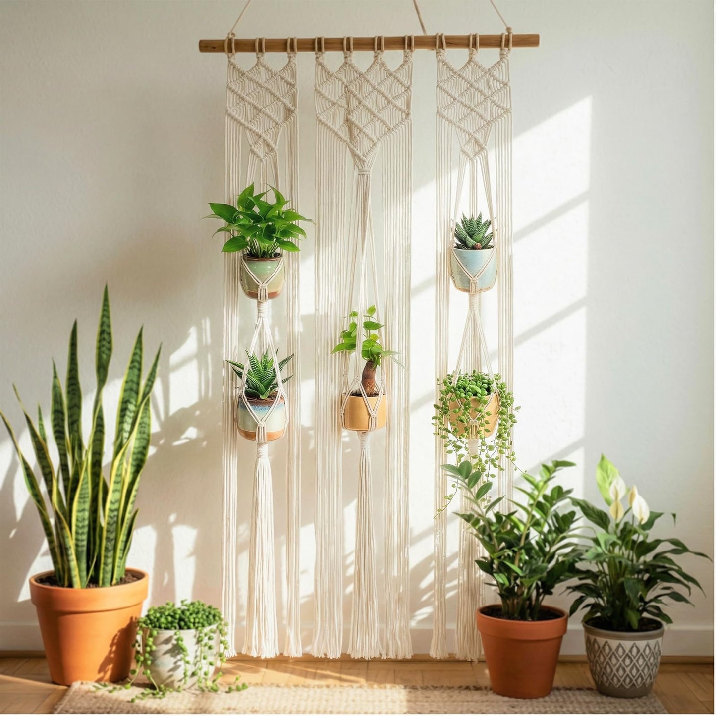 Thyle Macrame Plant Hanger Indoor Woven Boho Rope Decorative Flower Pot Hanging Holder Bohemian Plants Floating Shelves Decor Organizer for Bathroom Bedroom Wall Display Spring Gift (Excluding Pole)